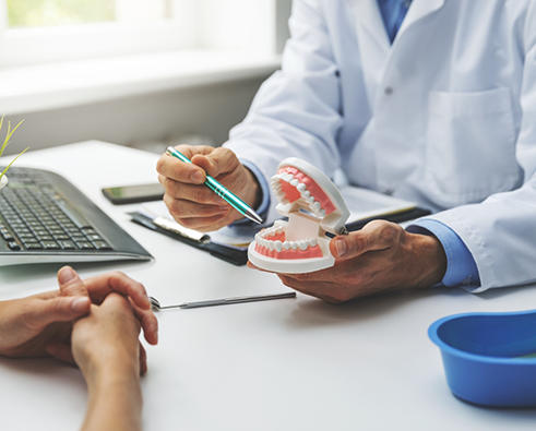 Dentist showing patient model of teeth